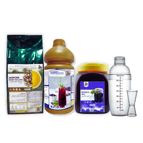500g Jasmine Green Tea,1.9L Blueberry Syrup, 2.1L Blueberry Jam, 1 Shaker Cup, 1 jigger