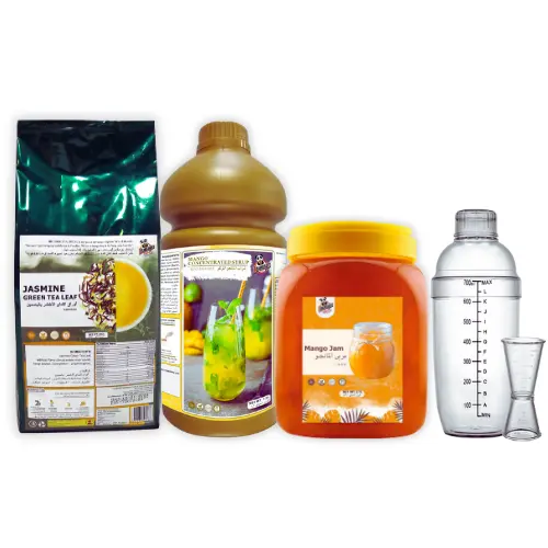 500g Jasmine Green Tea,1.9L Mango Syrup, 2.1L Mango Jam, 1 Shaker Cup & 1 jigger