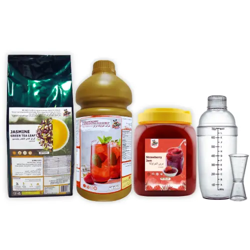 500g Jasmine Green Tea,1.9L Strawberry Syrup, 2.1L Strawberry Jam, 1 Shaker Cup & 1 jigger